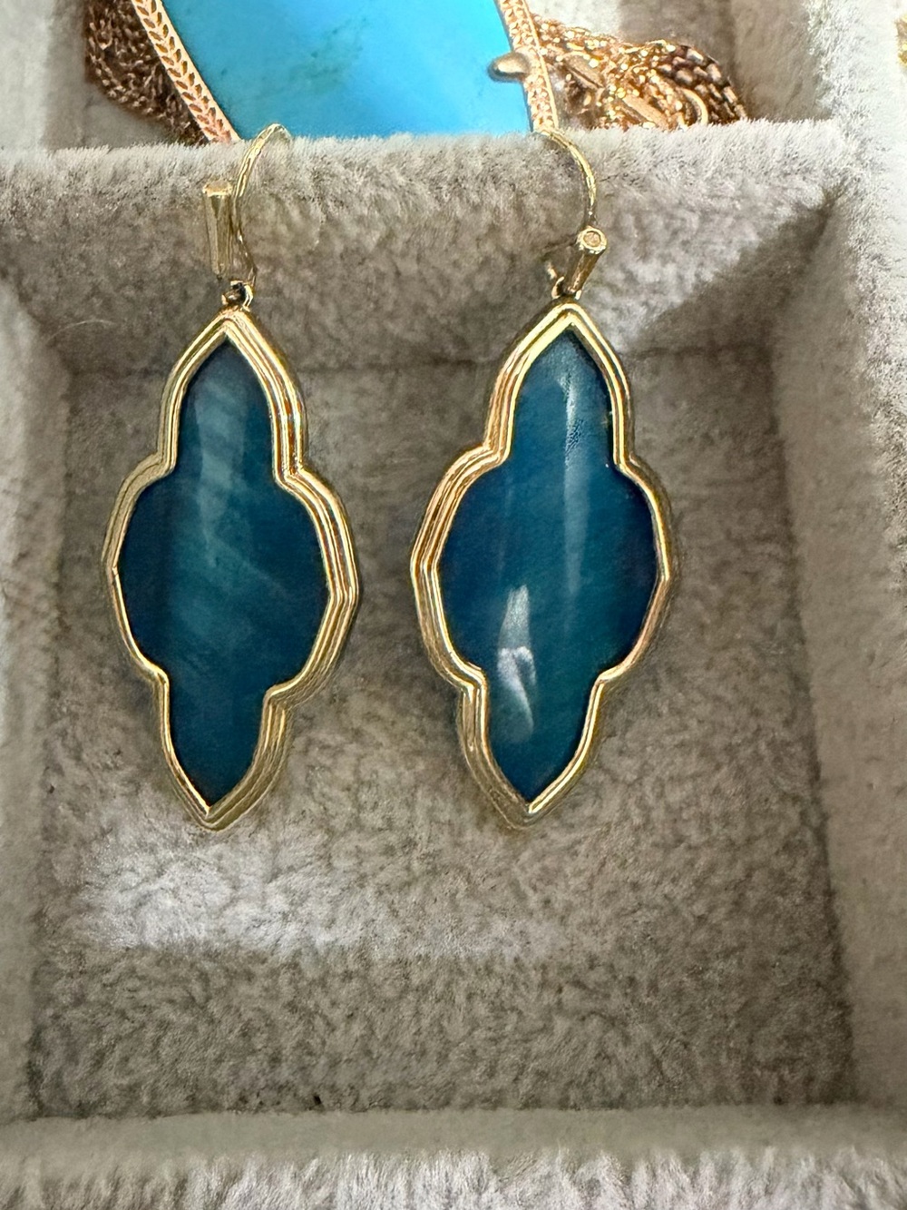 Kendra Scott Framed Abbie Gold Drop Earrings in Teal Tiger's Eye.